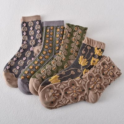 5 stuks Sokken in Vintage Stijl Dames Lente Lente Sokken tot Halve Kuit Driedimensionaal Reliëfontwerp Zacht en Comfortabel Dameskousen All equipped [Five pairs] black