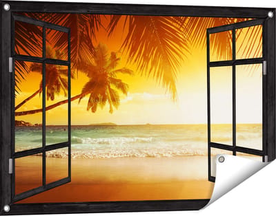 Gards Tuinposter Doorkijk Tropisch Strand tijdens Zonsondergang - 90x60 cm - Tuindoek - Tuindecoratie - Wanddecoratie buiten - Tuinschilderij