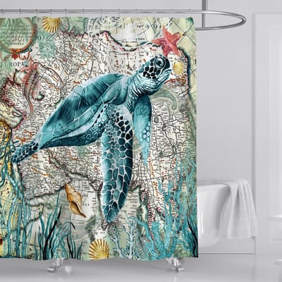Floraweg Douchegordijn,Shower Curtain,badgordijn,badkamergordijn,Cartoon -stijl schildpadden in de zee , digitale printen -Anti Schimmel - Inclusief 12 ringen -met 12 stuks douchegordijnhaken – Waterdicht -Wasbaar- Polyester - 180x200 cm