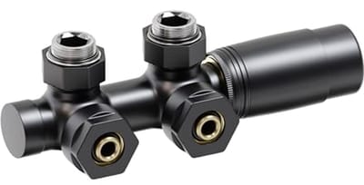 Thermostatische Radiator Kraan met 50mm Middenaansluiting - Matzwart Hoekvorm en 16mm PEX Schroefverbindingen