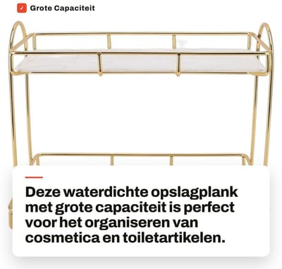 Dailygoods- Opslagplank Grote Capaciteit - Metalen Opbergrek - 2 Niveaus - Waterdicht - Cosmetica Organisator - Eenvoudig te Installeren