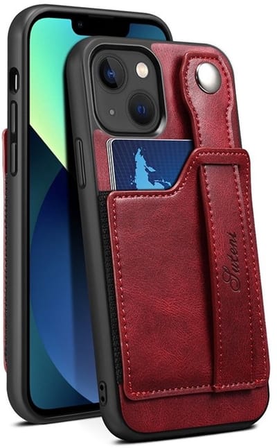 geschikt voor iPhone 15 Pashouder Hoesje Retro Design - Vakje voor pasjes en slimme standaard - geschikt voor iPhone 15 Portemonnee Hoesje - Vintage Backcover geschikt voor iPhone 15 Wallet Case rood