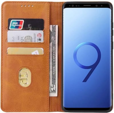 Smartphonica Samsung Galaxy S9 kunstleren hoesje met magnetische sluiting en pashouders book case - Bruin geschikt voor Samsung Galaxy S9