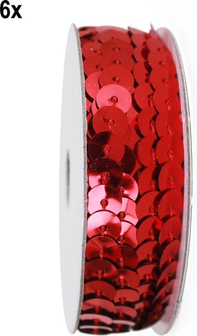 6x Rol pailletten band rood 275cm - Paillet kleding accessoires thema feest glitter and glamour