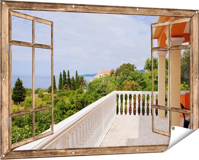 Gards Tuinposter Doorkijk Terras in Toscane - 150x100 cm - Tuindoek - Tuindecoratie - Wanddecoratie buiten - Tuinschilderij