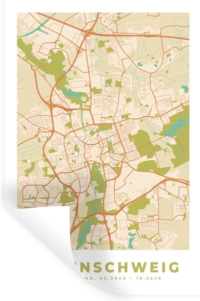 Muurstickers - Sticker Folie - Braunschweig - Plattegrond - Vintage - Kaart - Stadskaart - 20x30 cm - Plakfolie - Muurstickers Kinderkamer - Zelfklevend Behang - Zelfklevend behangpapier - Stickerfolie