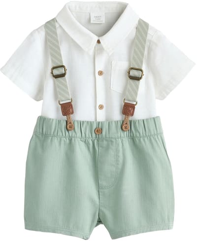 Next - Jongens - 3-delige babyset met shirt, body, korte broek en bretels - Groen