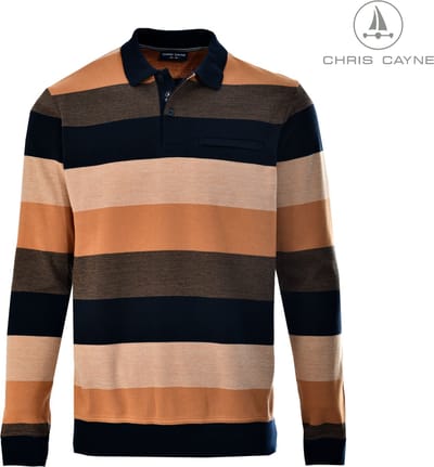 Chris Cayne sweater - streep - lange mouw - L - pompoen - polokraag - sweatshirt – ingebreide streep - camel/blauw - borstzak