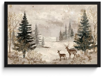 Poster in lijst - Fotolijst 60x40 cm - Posters - Bos - Herten - Winter - Sneeuw - Posterlijst zwart - Decoratie - Wanddecoratie woonkamer - Muurdecoratie slaapkamer