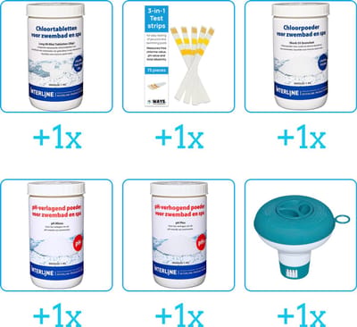 Zwembad Onderhoudspakket - Onderhoud Zwembad - bevat Chloor - Testrips - Chloor - PH-min - PH-plus en Chloordrijver (6-delig)