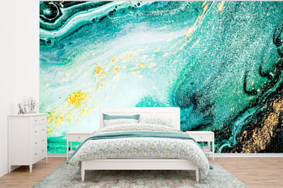 Behang - Fotobehang Marmerlook - Blauw - Goud - Glitter - Luxe - Marmer - Breedte 320 cm x hoogte 240 cm