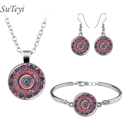 Ensemble de Bijoux Vintage pour Femmes Mandala Fleur de Vie Dôme en Verre Collier Bracelet Boucles d'Oreilles Bijouterie gray