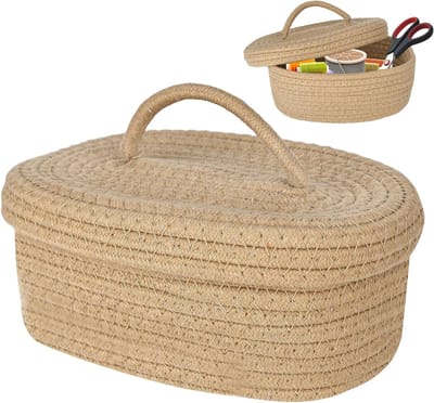 Opbergmand van Katoen met Deksel, Geweven Mand voor Badkamer, Kinderkamer en Plank - 23cm x 15cm x 10cm, Duurzaam, Handgemaakt en Multifunctioneel