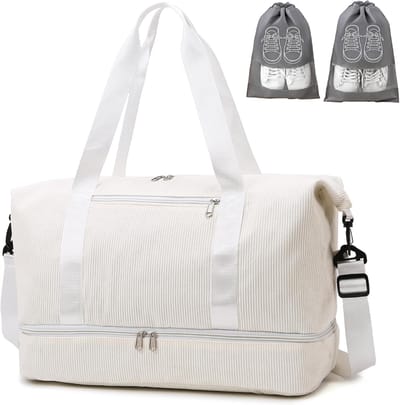 SnelShoppen - Sporttas Dames 35L Weekendtas Duffle Bag Beige met 2 Schoenenzakken en Nat Vak voor Gym Reizen Vakantie en Strand