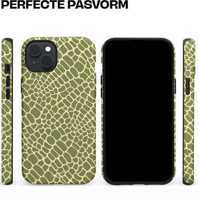 Casetastic hoesje geschikt voor Apple iPhone 15 Plus - MagSafe - Dubbellaagse bescherming - Exotische Groen Geel Krokodillen Schubben - Fashion Case - Saliegroen Beige