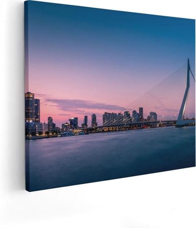 Artaza Canvas Schilderij Rotterdam Skyline - 100x80 cm - Groot - Wanddecoratie Zonsondergang - Muurdecoratie Erasmusbrug - Schilderijen Op Canvas