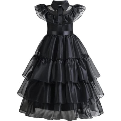 Robes Cosplay Mercredi Addams Nouvelles Robes Maillées pour Filles Déguisement Vestidos Enfants Carnaval Pâques Halloween Fête 4-12 Ans 9-10T(Size 150) noir