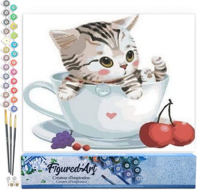 Figured'Art Schilderen op Nummer Volwassenen canvas Kers Kat - Handwerk acrylverf Kit DIY Compleet - 40x50cm zonder frame