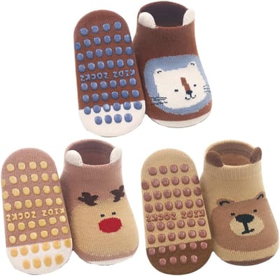 Dierenprint Antislip Katoenen Sokken voor Pasgeborenen - 3 Paar voor 0-12 Maanden, Comfortabel en Ademend