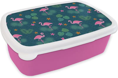 Broodtrommel Roze - Lunchbox - Brooddoos - Flamingo - Planten - Patroon - 18x12x6 cm - Kinderen - Meisje