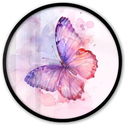 Poster in lijst Rond - Fotolijst 40x40 cm - Posters - Vlinder - Paars - Pastel kleuren - Verf - Ronde posterlijst zwart - Decoratie - Wanddecoratie woonkamer - Muurdecoratie slaapkamer