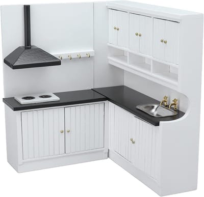 Poppenhuis Meubilair - Miniatuur Keuken - Kinderspel Stimuleren - Schattig Zwart Wit - 1:12 Schaal - Wit
