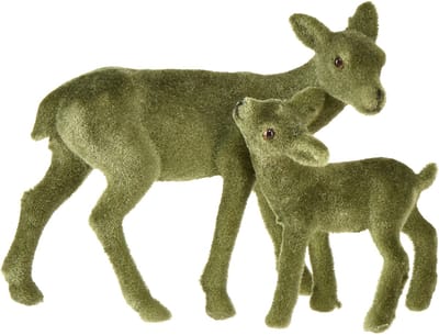 Decoratiefiguren herten Kerstgroen gevlokt hert met reekalf in een set