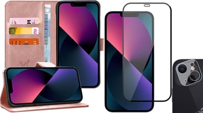 Hoesje geschikt voor iPhone 13 - Book Case Kunstleer Wallet - Roségoud - Met Full Screenprotector en Camera Screen Protector