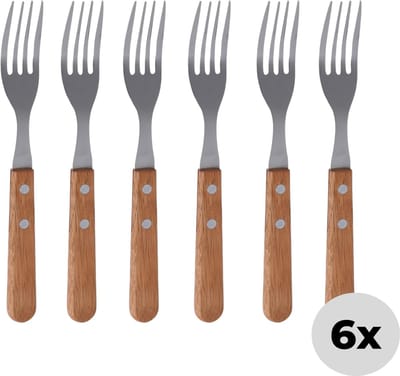 Lomera Steakvorkenset - 6-Delig - Roestvrij Staal - Houten Handvat - 19,5 Cm - Perfect Voor Barbecue - Gourmetten - Tafelvorken - Bbq Vorken - Set Van 6 - Keukenbestek - Bruine Handvatten - Steak Vorken - Vork Set