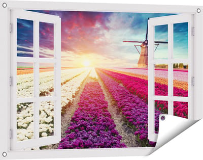 Gards Tuinposter Doorkijk Kleurrijke Tulpen Bloemenveld - Windmolen - 90x60 cm - Tuindoek - Tuindecoratie - Wanddecoratie buiten - Tuinschilderij