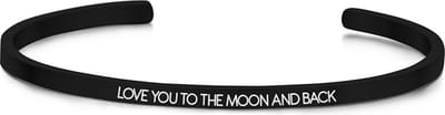 Key Moments 8KM-B00460 - Stalen open bangle met tekst - love you to the moon and back - zirkonia - Cadeau voor haar - one-size - zwart