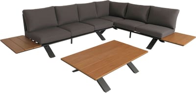 Aluminium tuinset MCW-M62, zitgroep tuin-/loungeset bank, houtlook ~ frame antraciet, bekleding donkergrijs