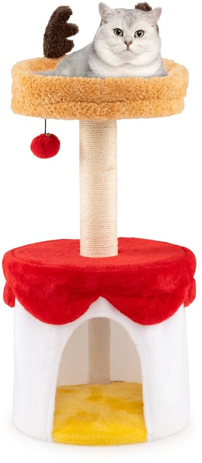 COSTWAY Kerst Krabpaal voor Katten 80 cm – Kattenboom met Hol, Ligstoel, Sisal-Krabpaal, Speelbal en Geweidecoratie, Indoor Kattenmeubel, Kleurrijk