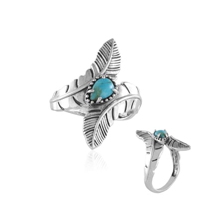 Cavill - Zilveren ring met Kingman turkoois 0,34 ct - 925 Sterling zilver - Boho stijl met verenmotief - Stoere damesring in western stijl