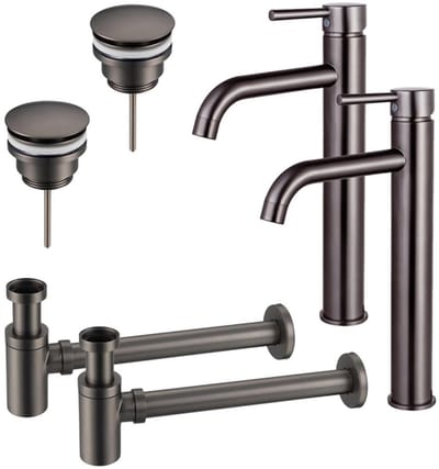 FugaFlow Eccelente Sobrado Badkamer Wastafelkraanset - voor dubbele wastafel - verhoogde wastafelkraan - klikwaste plug - verlaagde design sifon - PVD Gepolijst Gunmetal