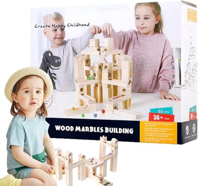 Houten Knikkerbaan - Racebaan Spel - Educatieve Ontwikkeling - 60 Delige Set - 25 cm Breed - Natuurlijk Hout
