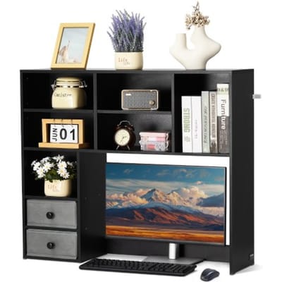 VEVOR Bureau Boekenplank 3-laags Organizer (94 x 25,4 x 79,2 cm) Tafelplanken Organizer Displayplank Gemaakt van spaanplaat + melaminepapier, Boekenplank met antislipvoetjes, Kantoor Zwart