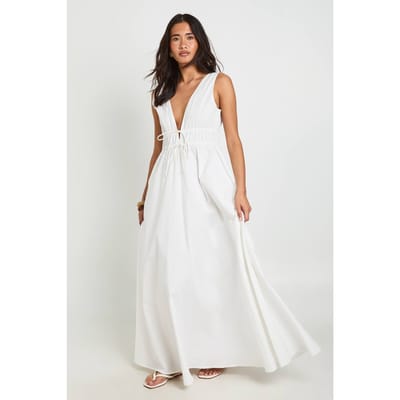 boohoo Dames Maxi Skater Jurk Met Diepe V-hals En Strikdetail | Wit | Maat: 38