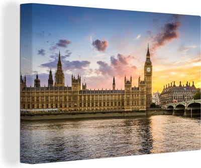Canvas Schilderij Zon - Big Ben - Londen - 30x20 cm - Wanddecoratie