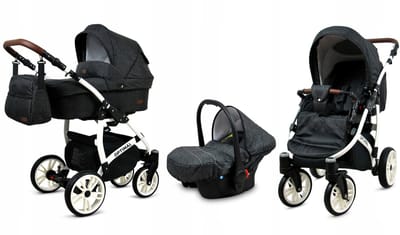 BabyLux® Kinderwagen 3in1 – OPTIMAL - BLACK FLEX WHITE FRAME - Opklapbare Wandelwagen incl. Reiswieg, Multifunctionele Buggy Sportstoel, Autostoel - Combi-kinderwagen met Luiertas, Regenhoes, Klamboe, Bekerhouder, etc.