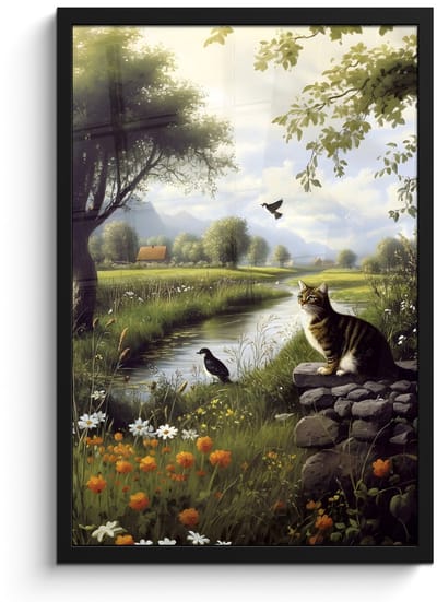 Poster in lijst - Fotolijst 40x60 cm - Posters - Kat - Beekje - Weide - Posterlijst zwart - Decoratie - Wanddecoratie woonkamer - Muurdecoratie slaapkamer