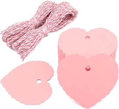 100 Stuks Valentijnsdag Cadeau Labels Hartvorm 6 x 6,5 cm Roze Kraftpapier met Touw voor Geschenken
