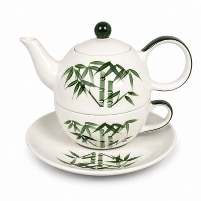 Tea for One Set Bamboe - Handgeschilderd Keramiek - Theepot met Kop en Schotel - Wit Groen - 3-delige Theeset voor 1 Persoon