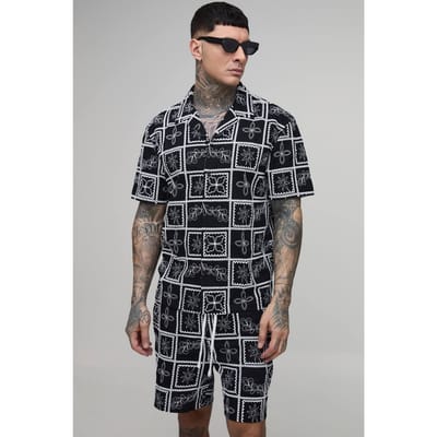 Tall Embroidered Tile Oversized Shirt & Relaxed Short Set | Black | Size Small