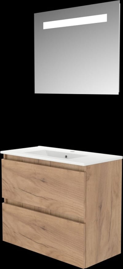Basic-Line Economic 39 Badkamermeubelset - Ondiep - 80 x 39 cm - Greeploos - 2 Lades - Keramische Wastafel - 1 Kraangat - Spiegel met LED Verlichting - Whisky Oak