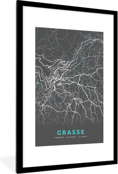 Fotolijst incl. Poster - Grasse - Frankrijk - Stadskaart - Plattegrond - Kaart - 80x120 cm - Posterlijst