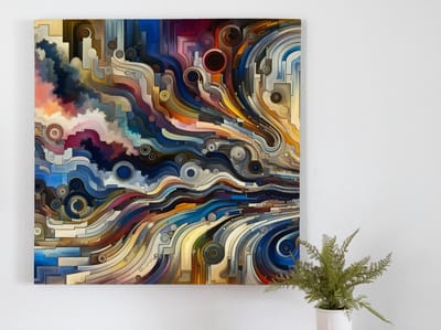 Abstract landschap schilderij | Abstracte horizonverkenning: landschapskunst in surrealistische vormgeving en kleurrijke structuren | Kunst - 80x80 centimeter op Forex | Foto op Forex