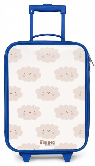 NoBoringSuitcases.com® - Kinderkoffer blauw - Kindertrolley jongen - Vrolijke wolkjes met gezichtjes op crèmekleurige achtergrond - Koffer kind lichtgewicht - Reiskoffer trolley voor kinderen - Koffertje met lichtgevende wieltjes - Rolkoffer