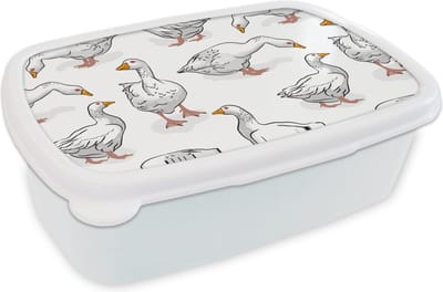 Broodtrommel Wit - Lunchbox - Brooddoos - Patroon - Vogel - Gans - 18x12x6 cm - Volwassenen
