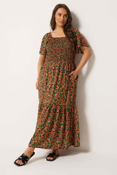 Yours Zwarte Maxijurk Met Bloemenprint En Smockwerk Size 42